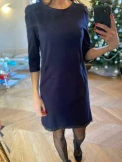 MARINA Robe Bleu Marine Sandro Bordure En Cuir Noire